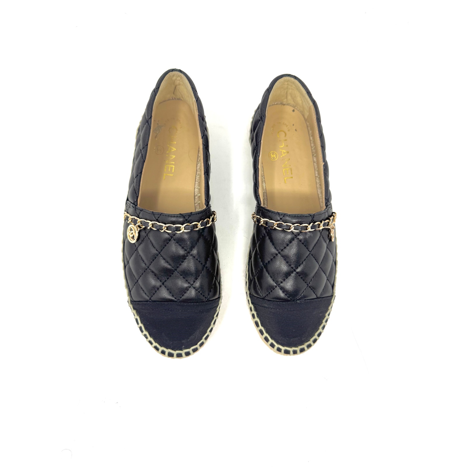 Chanel Black Quilted Leather Espadrilles W/ Gold Chain Cc Charm Sz 38 | 8